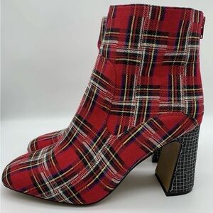 Betsey Johnson Blanche Boot Womens Red Plaid Rhinestone Block Heel Bootie